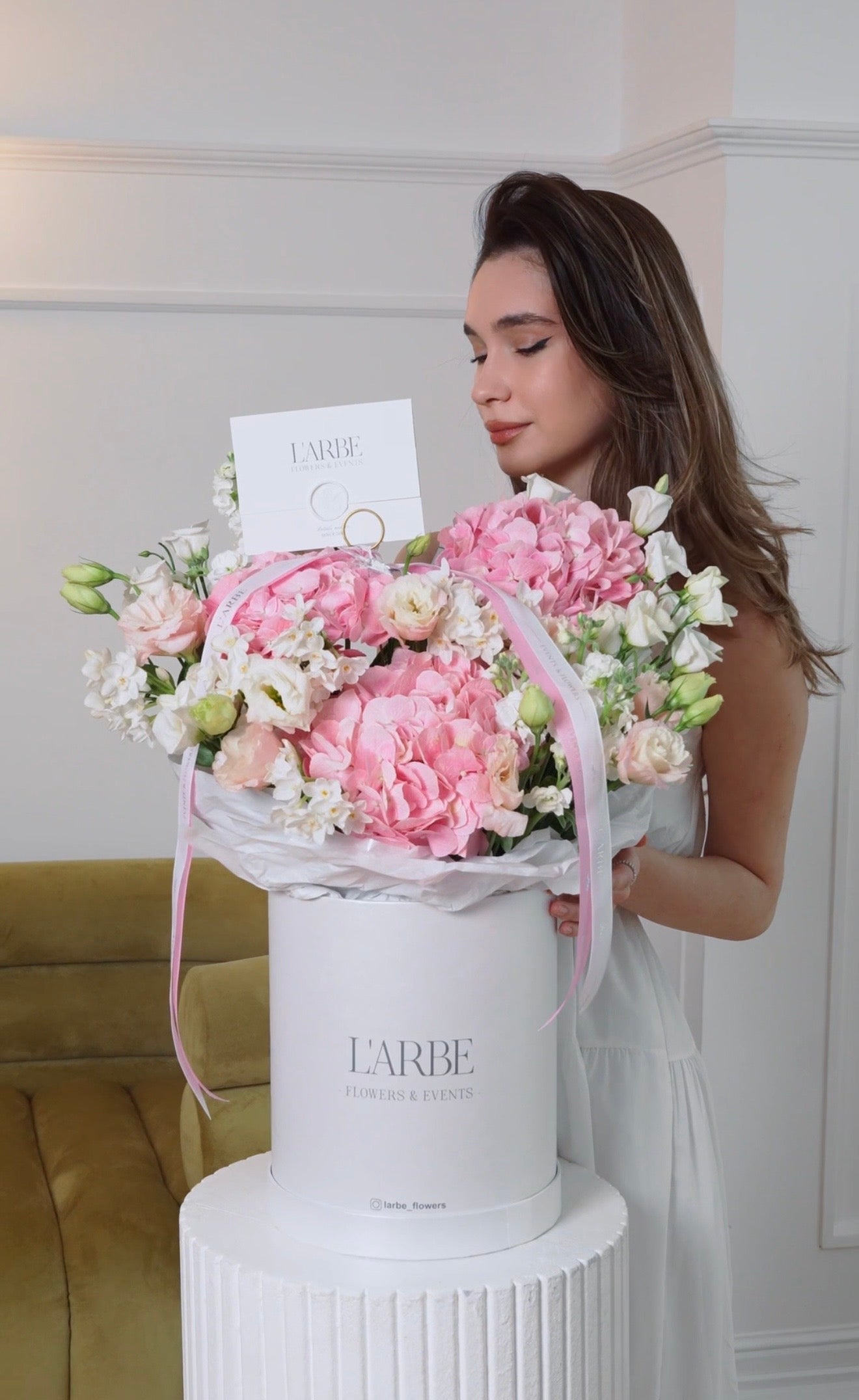Box with pink hydrangeas and eustoma