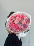 FLOWERS BOUQUET WITH DIANTUS, ROSES AND EUSTOMA