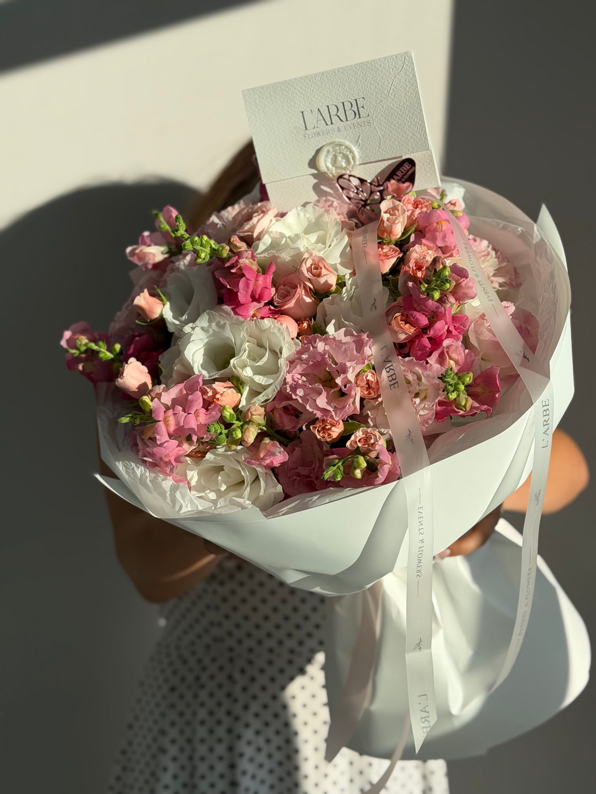 FLOWERS PINK BOUQUET WITH ROSES AND EUSTOMA “JULIETTE”