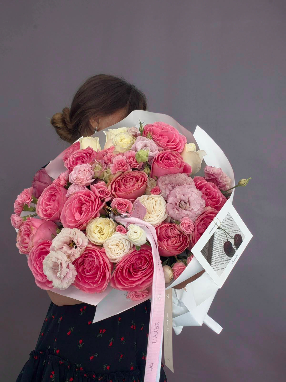 FLOWERS BOUQUET WITH DIANTHUS, ROSES AND EUSTOMAS