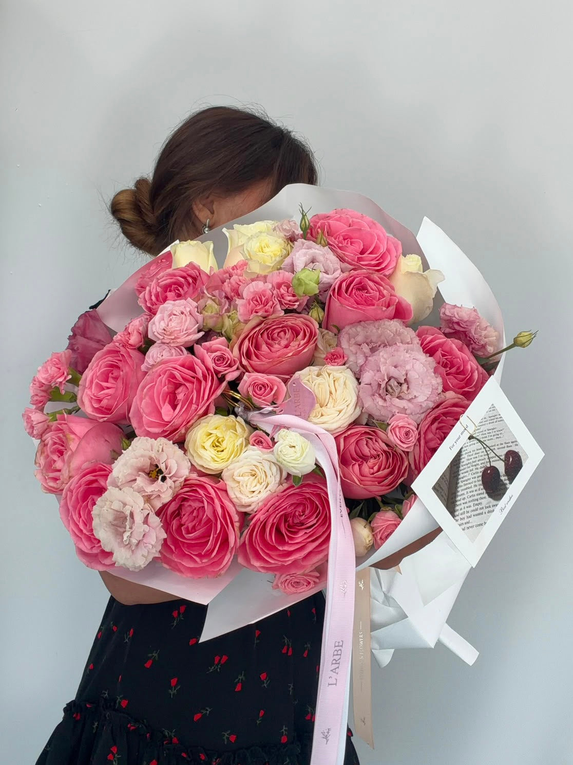 FLOWERS BOUQUET WITH DIANTHUS, ROSES AND EUSTOMAS
