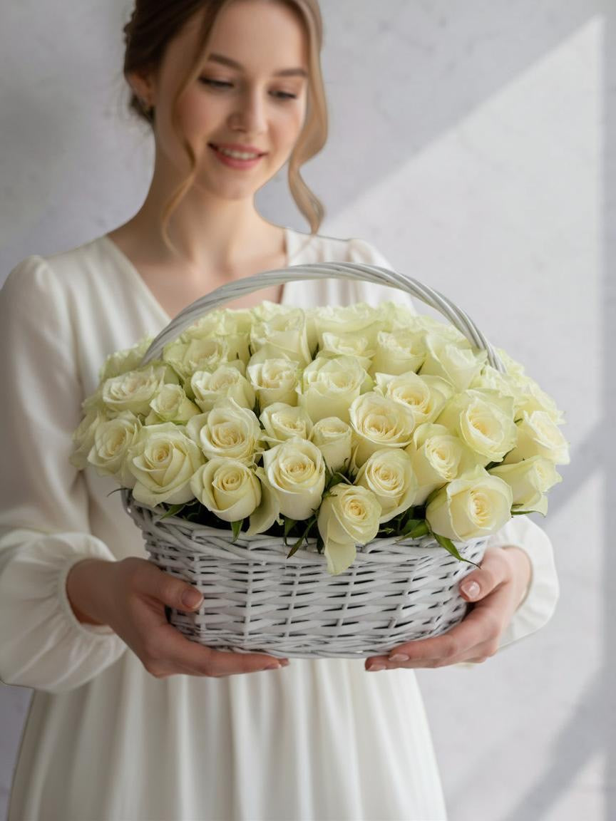 FLOWERS BASKET WITH WHITE ROSES 61 PCS