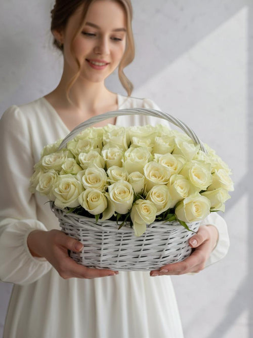 FLOWERS BASKET WITH WHITE ROSES 61 PCS