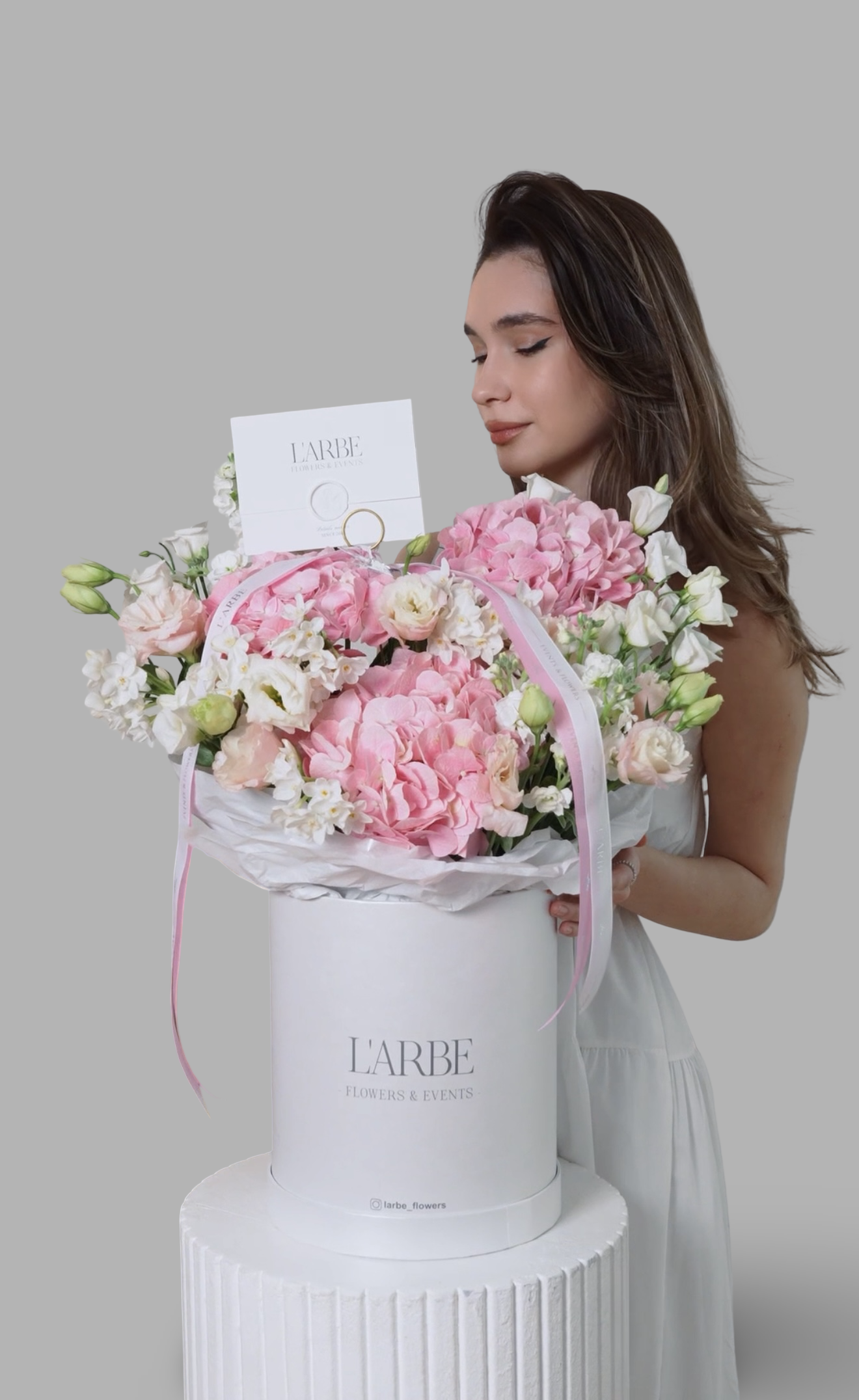Box with pink hydrangeas and eustoma