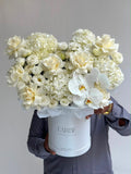 WHITE FLOWERS BOX WITH HYDRANGEAS AND PHALENOPSIS