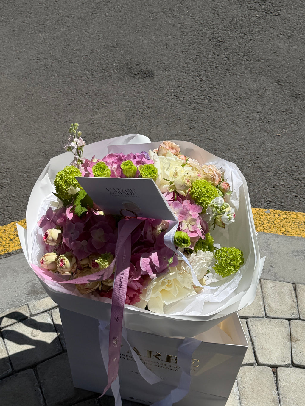 FLOWERS BOUQUET WITH MATTHIOLA AND RANUNCULUS