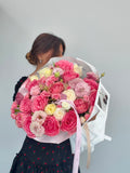 FLOWERS BOUQUET WITH DIANTHUS, ROSES AND EUSTOMAS