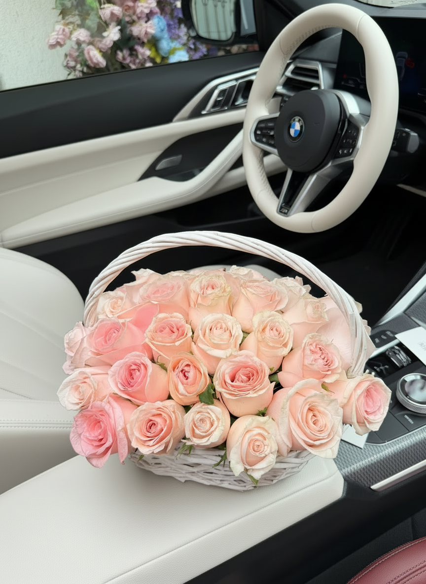 FLOWERS BASKET WITH PINK ROSES 33 PCS