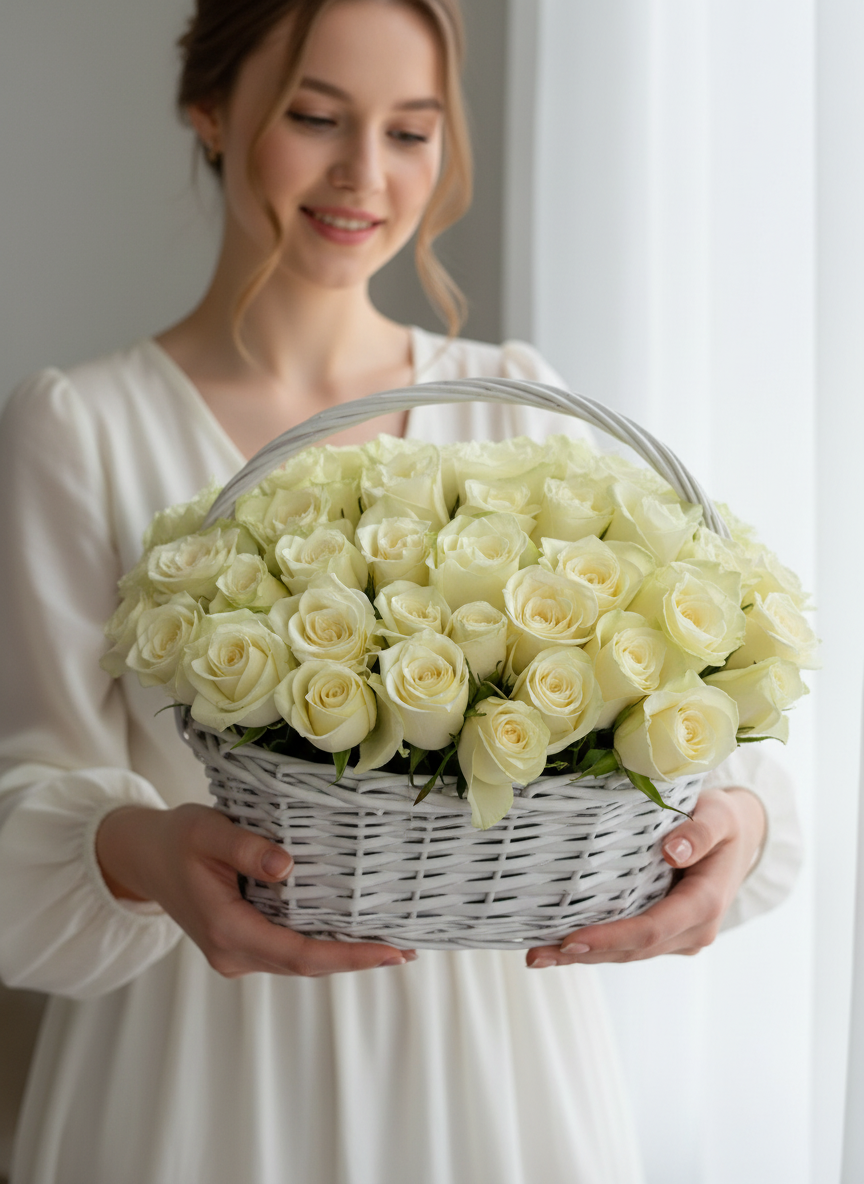 FLOWERS BASKET WITH WHITE ROSES 61 PCS