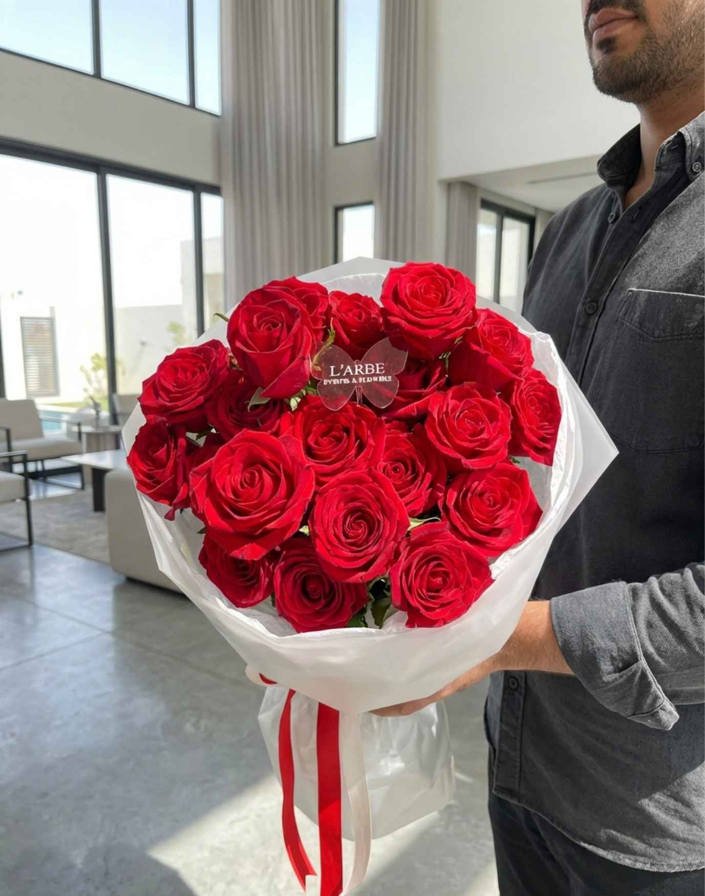 FLOWERS BOUQUET WITH RED ROSES IN WHITE WRAPPING 19 PCS