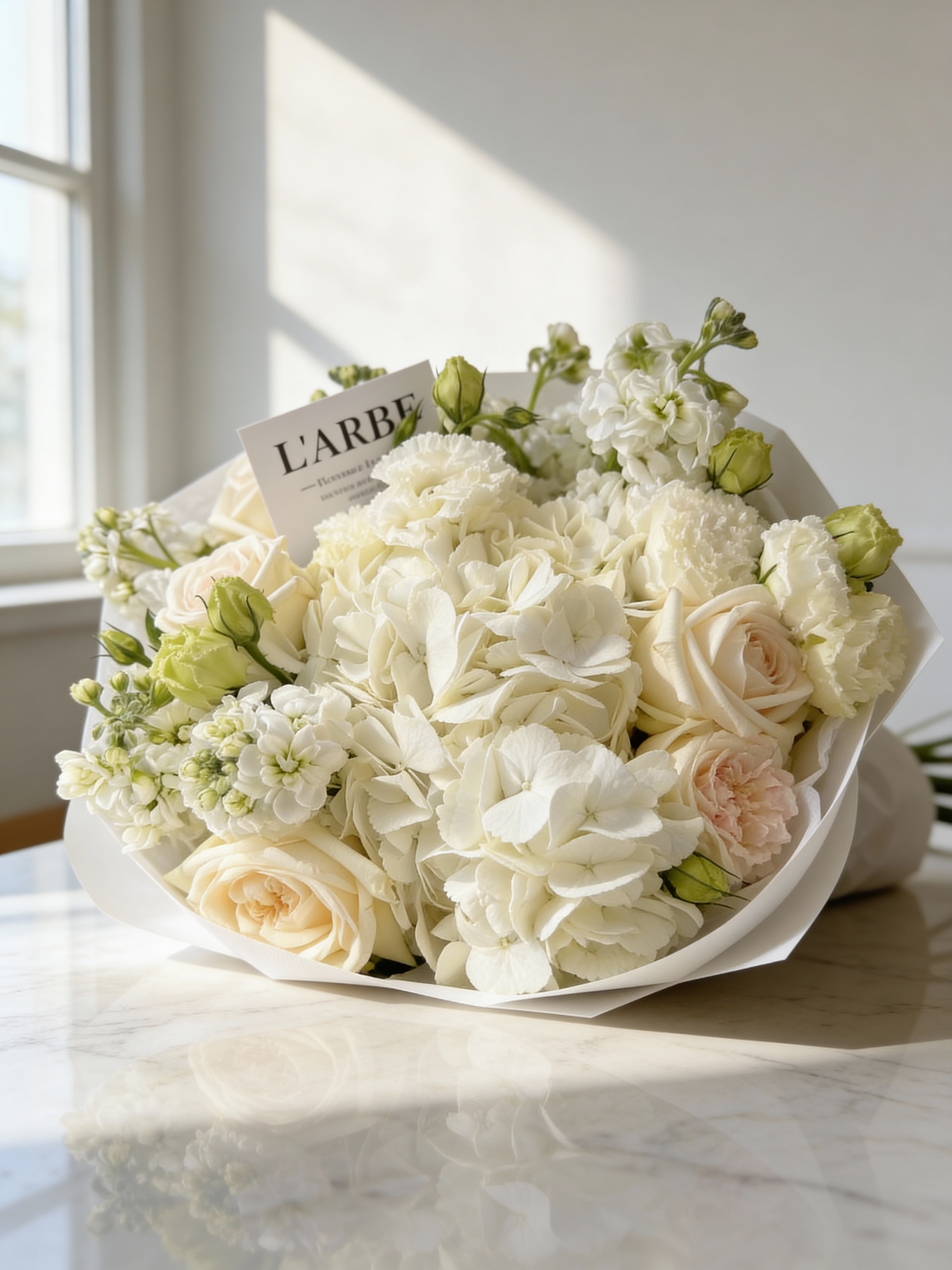 FLOWERS BOUQUET WITH HYDRANGEAS, DIANTUS AND ROSES