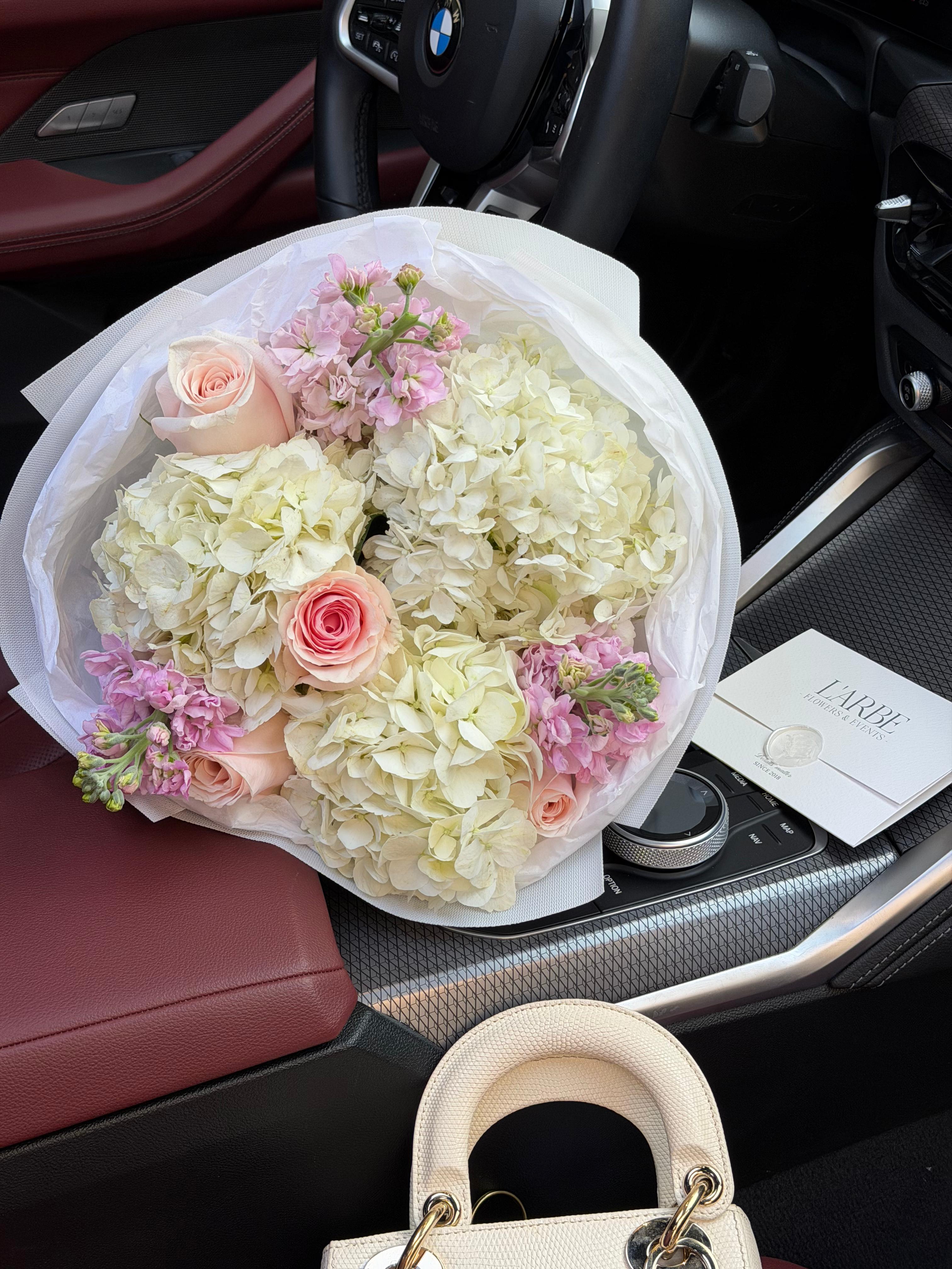 FLOWERS BOUQUET WITH HYDRANGEAS AND MATTHIOLA