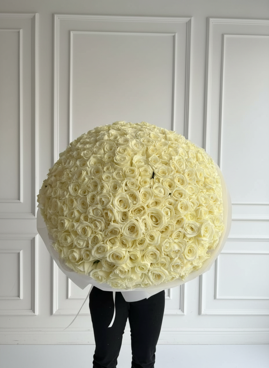 FLOWERS BOUQUET WITH PREMIUM WHITE ROSES 301 PCS