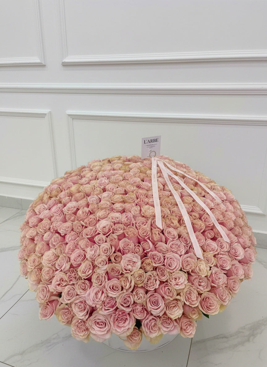 FLOWERS BOX WITH PINK MONDIAL ROSES 301 PCS PREMIUM