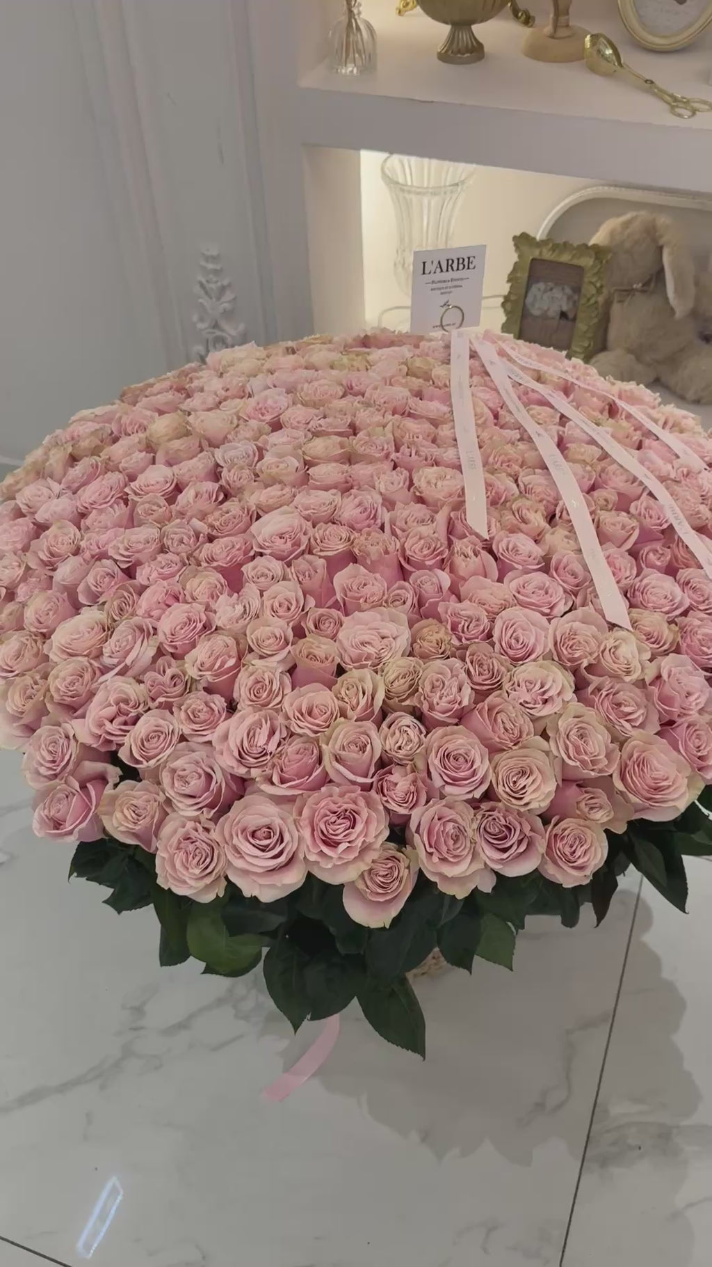 FLOWERS BOX WITH PINK MONDIAL ROSES 301 PCS PREMIUM