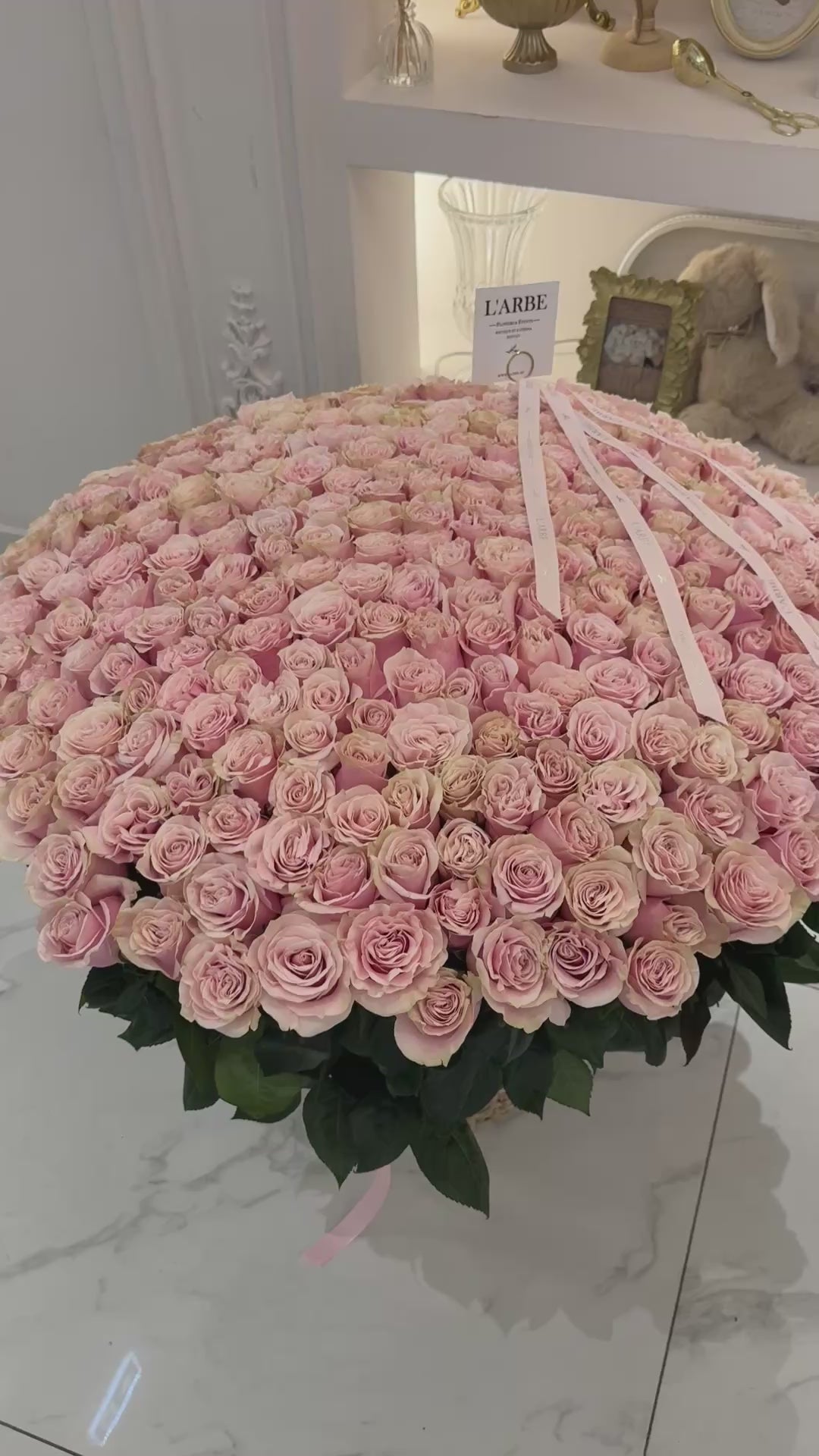 FLOWERS BOX WITH PINK MONDIAL ROSES 301 PCS PREMIUM
